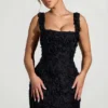 Posy Floral-Appliqué Square-Neck Corset Mini Dress in Black