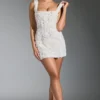 Posy Floral-Appliqué Square-Neck Corset Mini Dress in White