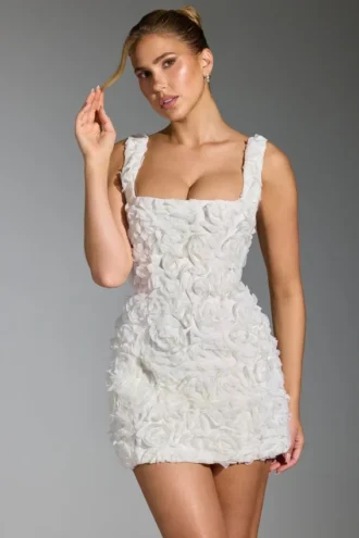 Posy Floral-Appliqué Square-Neck Corset Mini Dress in White