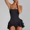 Priaska Ruffled Lace-Up Corset Playsuit in Black