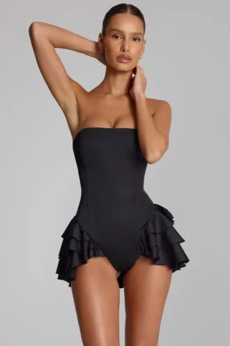 Priaska Ruffled Lace-Up Corset Playsuit in Black