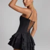 Priaska Ruffled Lace-Up Corset Playsuit in Black
