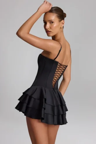 Priaska Ruffled Lace-Up Corset Playsuit in Black