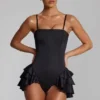 Priaska Ruffled Lace-Up Corset Playsuit in Black