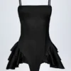 Priaska Ruffled Lace-Up Corset Playsuit in Black