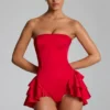 Priaska Ruffled Lace-Up Corset Playsuit in Fire Red