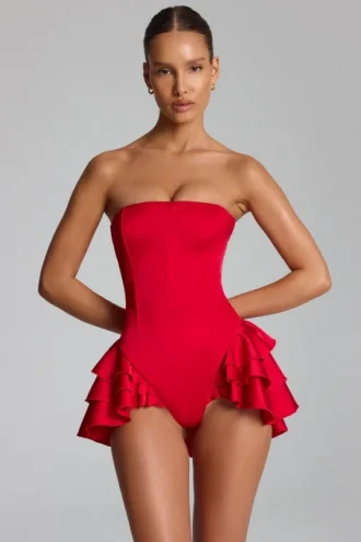 Priaska Ruffled Lace-Up Corset Playsuit in Fire Red