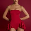 Priaska Ruffled Lace-Up Corset Playsuit in Fire Red