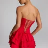 Priaska Ruffled Lace-Up Corset Playsuit in Fire Red
