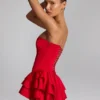Priaska Ruffled Lace-Up Corset Playsuit in Fire Red