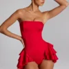 Priaska Ruffled Lace-Up Corset Playsuit in Fire Red