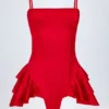 Priaska Ruffled Lace-Up Corset Playsuit in Fire Red