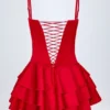 Priaska Ruffled Lace-Up Corset Playsuit in Fire Red