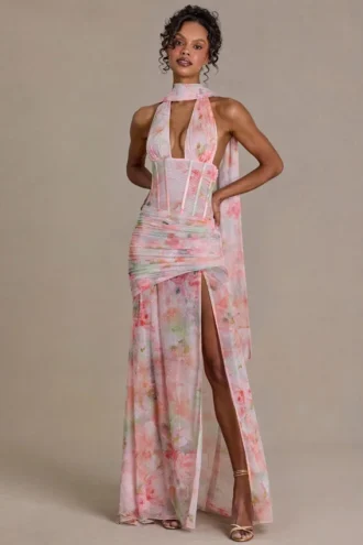 Primrose Premium Embellished Scarf-Detail Maxi Dress in Pink Floral Print