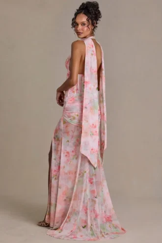 Primrose Premium Embellished Scarf-Detail Maxi Dress in Pink Floral Print