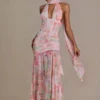Primrose Premium Embellished Scarf-Detail Maxi Dress in Pink Floral Print