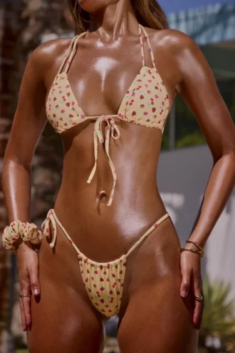 Printed Swim Double Strap Triangle Bikini Top in Yellow