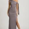 Prudy Off-Shoulder Ruched Tie-Detail Maxi Dress in Steel Grey