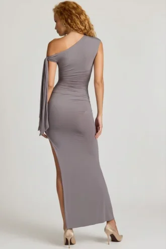 Prudy Off-Shoulder Ruched Tie-Detail Maxi Dress in Steel Grey