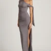 Prudy Off-Shoulder Ruched Tie-Detail Maxi Dress in Steel Grey