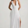 Pryana Plunge Cross-Back Maxi Dress in White