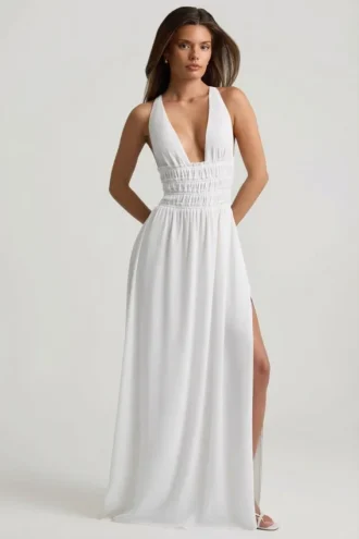 Pryana Plunge Cross-Back Maxi Dress in White