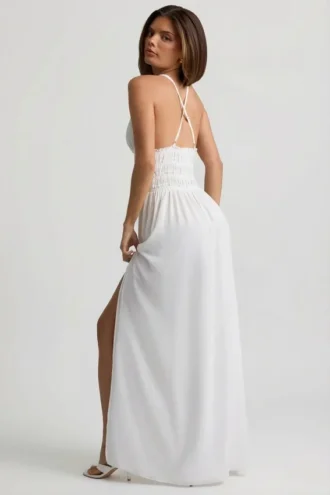 Pryana Plunge Cross-Back Maxi Dress in White