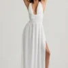 Pryana Plunge Cross-Back Maxi Dress in White
