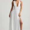 Pryana Plunge Cross-Back Maxi Dress in White