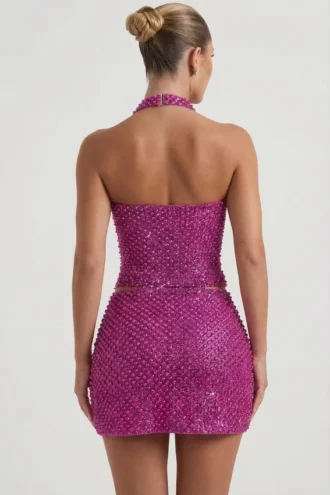 Querida Embellished Heart-Detail A-Line Micro Mini Skirt in Magenta
