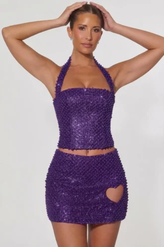Querida Embellished Heart-Detail A-Line Micro Mini Skirt in Purple