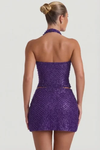 Querida Embellished Heart-Detail A-Line Micro Mini Skirt in Purple
