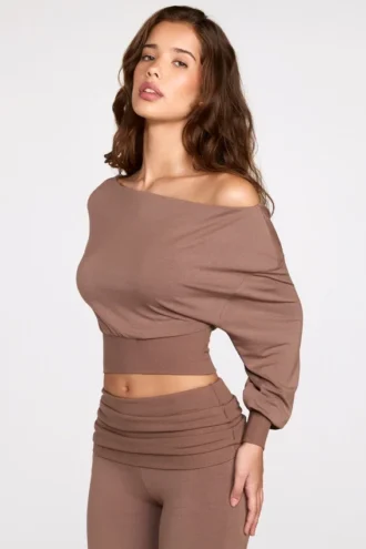 Quinn Modal Off-Shoulder Long-Sleeve Top in Mocha