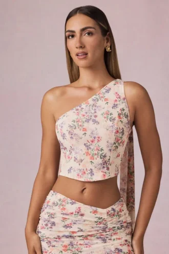 Rae Scarf-Detail One-Shoulder Top in Primrose Floral Print