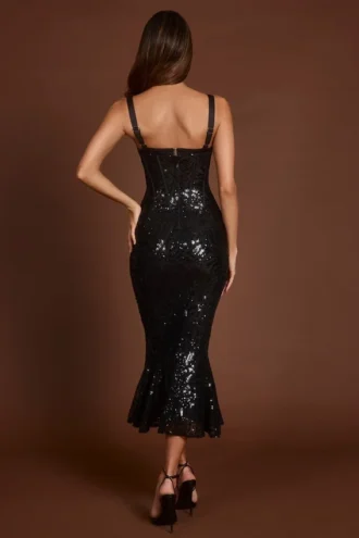 Raffaella Embellished Peekaboo Corset Midaxi Dress in Black Zebra