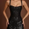 Raffaella Embellished Peekaboo Corset Midaxi Dress in Black Zebra