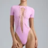 Raine Lace-Up Bodysuit in Violet Pink