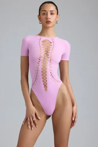 Raine Lace-Up Bodysuit in Violet Pink