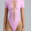 Raine Lace-Up Bodysuit in Violet Pink