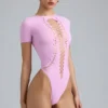 Raine Lace-Up Bodysuit in Violet Pink