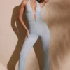 Ramona Petite Embellished Plunge Neck Jumpsuit in Aqua