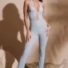 Ramona Petite Embellished Plunge Neck Jumpsuit in Aqua