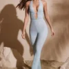 Ramona Petite Embellished Plunge Neck Jumpsuit in Aqua