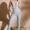 Ramona Petite Embellished Plunge Neck Jumpsuit in Aqua