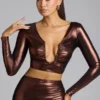 Rana Plunge Neck Metallic Jersey Crop Top in Copper Bronze