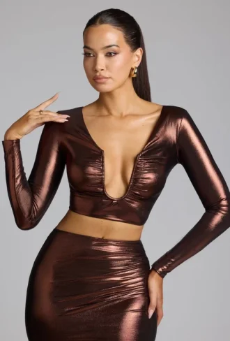 Rana Plunge Neck Metallic Jersey Crop Top in Copper Bronze