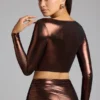 Rana Plunge Neck Metallic Jersey Crop Top in Copper Bronze