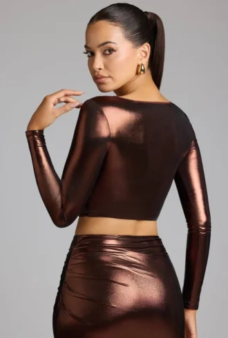 Rana Plunge Neck Metallic Jersey Crop Top in Copper Bronze