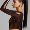 Rana Plunge Neck Metallic Jersey Crop Top in Copper Bronze