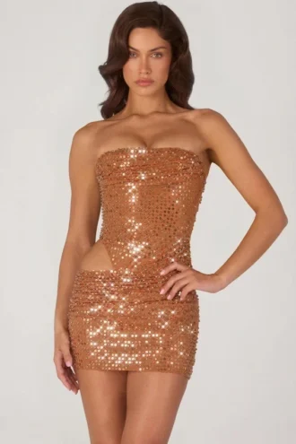 Rania Embellished Cut-Out Mini Dress in Bronze